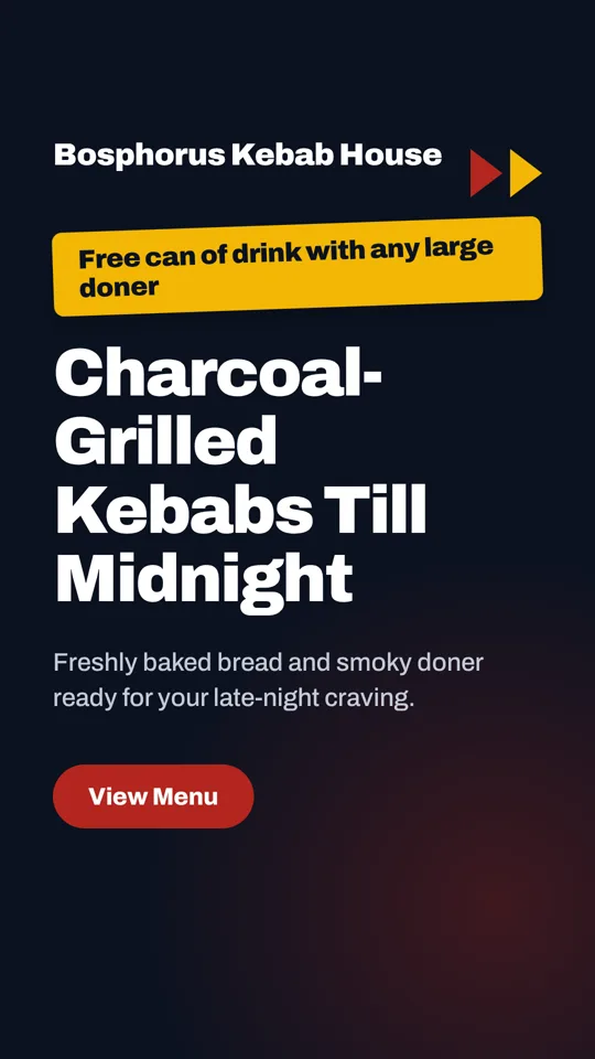 Bosphorus Kebab House ad: Charcoal-grilled kebabs till midnight