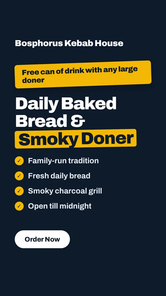 Bosphorus Kebab House ad: Daily baked bread and smoky doner, with a checklist
