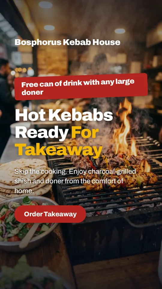 A full-screen 9:16 Story ad for the same kebab house: Hot kebabs ready for takeaway