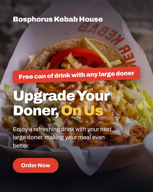A portrait 4:5 ad for a kebab house: Upgrade Your Doner, On Us